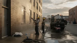 Commercial building exterior pressure washing in Woodstock with vents directed away from doors for better air quality