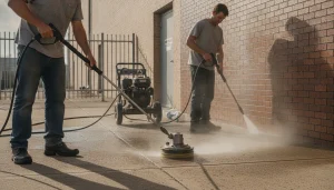 Hero image for Woodstock Power Washing comparing pressure washing vs power washing on concrete and brick surfaces